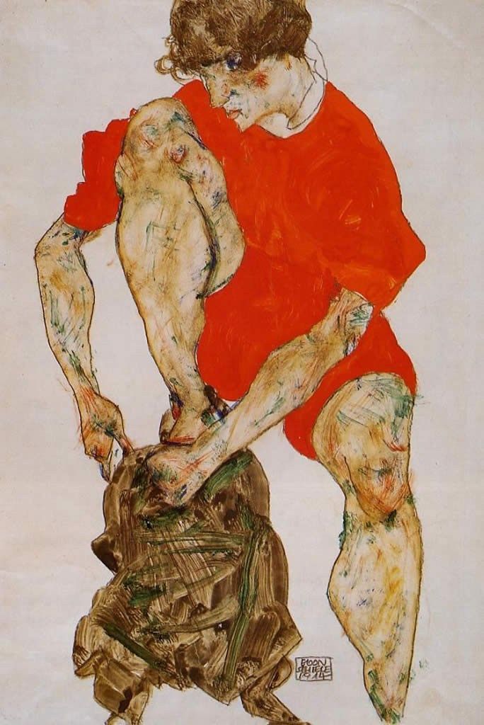 Egon Schiele Female Model in Bright Red Jacket and Pants